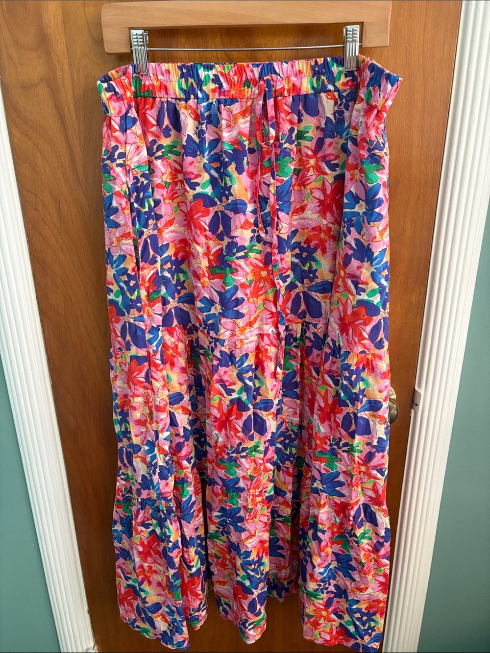 Floral Multicolor Tiered Maxi Skirt - Pink Blue Green